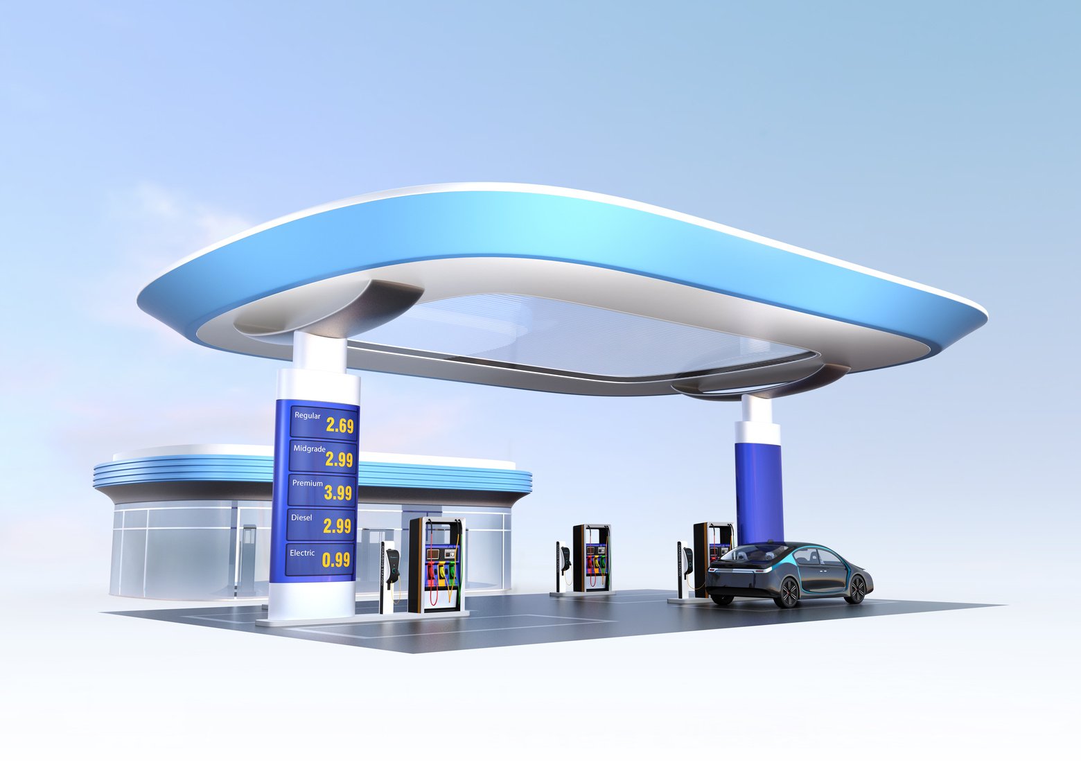 Contemporary EV charging station and gas station